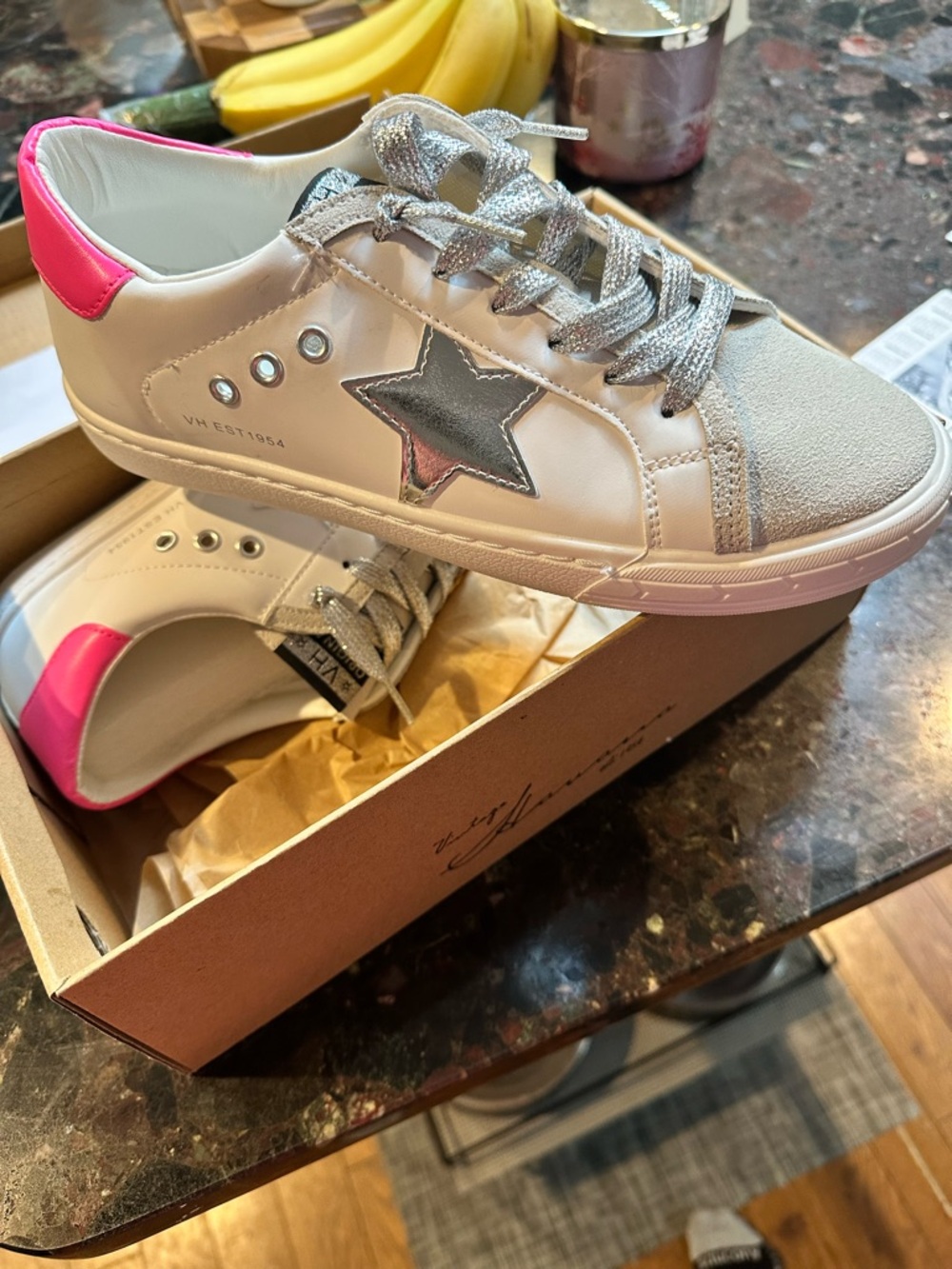 Vintage Havana White Sneakers with Silver Star and Pink Heel